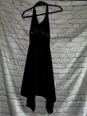 VTG Y2K Taboo Formal Black Halter‎ Asymmetrical Hem Dress Sequin Empire Detail M